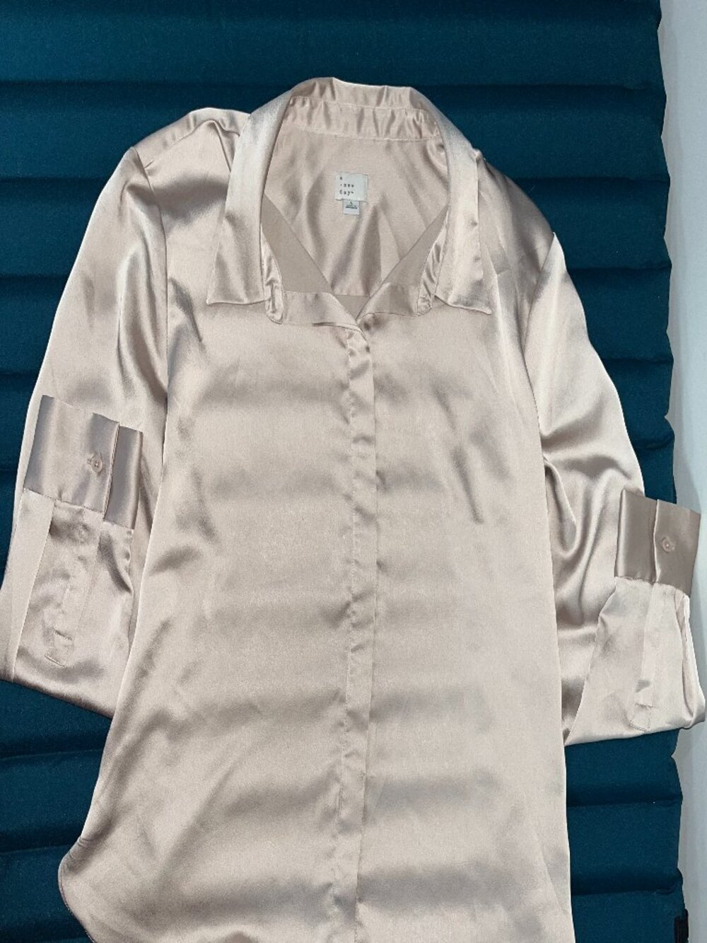 A New Day Champagne Satin Long Sleeve Button-Down Shirt